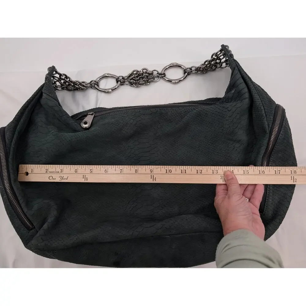 Henri Bendel Green Suede Leather Hobo Chain Strap Shoulder Bag Purple Interior